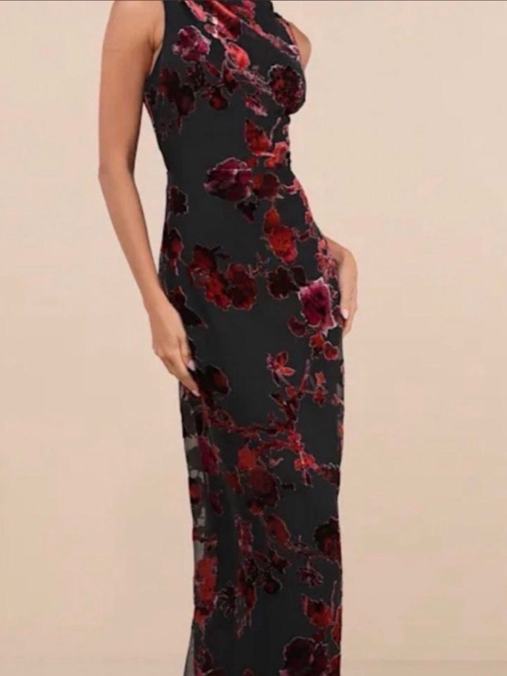 Lulu's Black Maxi Dress with Burgundy and Red Floral Velvet